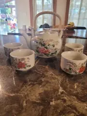 Asahi Collection Japan Porcelain Teapot With Lid Pheasant & Flower Gold 5 pcs