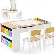 HONEY JOY Kids Table and Chairs Set, 2 in 1 Wooden Art Table & Easel Set for Children with 2 Chairs, 6 Storage Bins, Paper Roller, Paint Box, Toddler Table Chairs Set for Playing Painting Learning