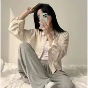 Long-Sleeve Plain Crop Shirt Almond - One Size