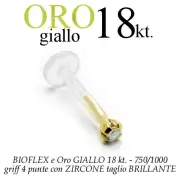 Piercing Bioflex Labret Tragus Ear Zircon Yellow Gold Griff 18kt