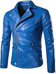 Men’s Blue Biker Genuine Sheepskin Leather Crossover Motorcycle Racing Outfit Smooth Asymmetrical Lightweight Leather Jacket
