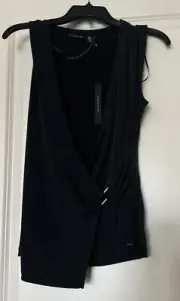 Tahari Black Top Sleeveless Size M Cross Over With Metallic Accents
