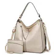2Pcs/Set Women Handbag PU Leather Women Shoulder Bags Women Messenger Bag Ladies Casual Bag with Purse,Beige