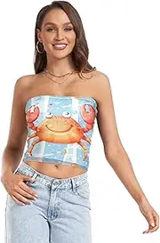 [RPLIFE] Cartoon Cute Red Crab Summer Tube Tops, Strapless Crop Top, Mesh Tube Tops, Trendy Crop Tops (S)