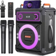 Wooden Karaoke Machine with 2 UHF Wireless Microphones, Portable Bluetooth Speak