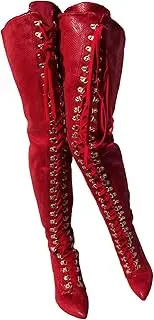 [Frankie Hsu] Sexy Red Snake Python Print Punk Over The Knee Boots High Heeled Stiletto Lace Up Vintage Style Retro Tall Wide Thigh Large Big Size Long Boot For Women Men