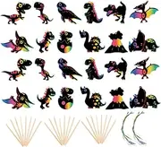 4 Sets DIY Dinosaur Scratch Cards for Boys and Girls Hand-Painted Scratch Paper Toys Educational Craft Sets Wooden Stylus
