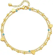 [ankbrats] 18K Gold-Plated Anklet for Women, Adjustable Gold Heart, Double Layered Anklets, Waterproof, Beach Anklet, Jewellery, Gift for Women, Girls, Teenagers