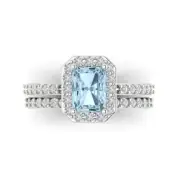 2.20 Emerald Halo Natural Aquamarine Promise Bridal Ring Band set 14k White Gold