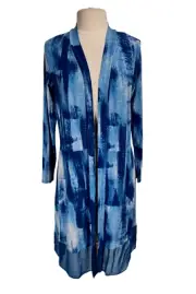 LOGO Lori Goldstein Womens Leticia Cardigan Open Front Size S Blue Abstract