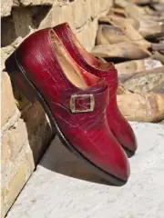 New Premium Men's Bespoke Genuine Red Croc Print Leather Single Monk Strap Shoes