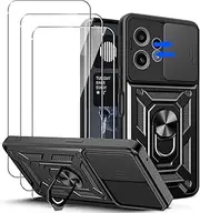 carinacoco Case for Nothing CMF Phone 2 Pro with 3 Tempered Glass Screen Protector, Anti-Scratch Shockproof Hard Armour Cover with Rotating Finger Ring Stand+Slide Camera, Black