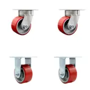 4 Inch KP Red Poly on Cast Iron Caster Set with Ball Bearings 2 Swivel 2 Rigid