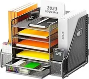 Restorgan Desk Organiser with File Holder, 5-Tier Paper Organiser with Drawer, Mesh Desk File Organiser with Magazine Holder for Office Organiser Desk (Black)