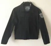 ESCAPISM Boys Size Medium Black Denim Jacket Patches Distressed Logo 100% Cotton