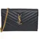 YSL Saint Laurent Monogram V字縫線魚子醬牛皮金LOGO斜肩/手拿包(黑/377828)