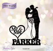 Silhouette Wedding Cake Topper ~ Detailed Bride & Groom with Name ~ [TLA35]