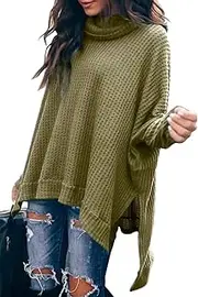 [MILLCHIC] Women Turtleneck Oversized Waffle Knit Batwing Sleeve Loose High Low Hem Side Slit Pullover Sweater Tunic Tops
