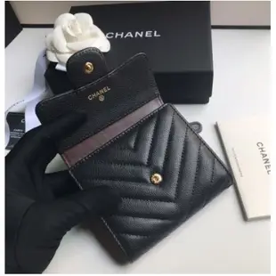 梅梅二手-CHANEL Wallet 黑 荔枝紋 金/銀釦CC 三折 6卡 短夾 A82288 短夾 皮夾 錢包三折羊皮