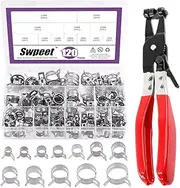 Swpeet 121Pcs 7-22mm Dacromet Spring Band Hose Clamp Assortment Kit With Plier - Silicone Vacuum Action Pipe Clamp for Low Pressure Air Clip