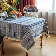 SUTAVIA Cotton Linen Tablecloth with Exquisite Floral Lace Tassel Dust-Proof Rustic Rectangular Tablecloths for Dining Table Home Decor Holiday Party Buffet (Vintage Blue, Rectangular, 60"x84")
