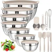 AIKKIL Mixing Bowls with Airtight Lids, 20 Piece Stainless Steel Metal Nesting Bowls, Non-Slip Silicone Bottom, Size 7, 3.5, 2.5, 2.0,1.5, 1,0.67QT Great for Mixing, Baking, Serving (Khaki)