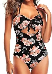 [Tempt Me] Women Sexy Cutout One Piece Swimsuits Tummy Control High Waisted Halter Front Tie Knot Bathing Suit