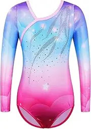 [ZNYUNE] Long Sleeve Gymnastics Leotard Printing Sparkle Dancing Athletic Leotard For Girls