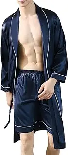 [Lavnis] Men's Satin Bathrobe Nightgown Casual Kimono Robe Loungewear Sleepwear Pajama Set with Shorts