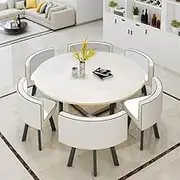 Minimalist Dining Kitchen Reception Table Set for 6, Space Saving Business Conference Table Set and 6 Chairs, Metal Base, Easy Assembly(White)