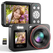 Digital Camera,FHD 4K 64MP Camera with Dual Screen 64GB SD Card Point and Shoot Camera 18X Zoom,Anti Shake Portable Rechargeable Camera,Black