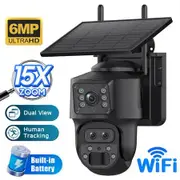 6MP Wireless Solar Zoom Camera Dual Lens PTZ Rotation 15X Zoom Outdoor Security Floodlight Cam with WiFi Night Vision Alarm Linkage Human Tracking,Black