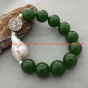 Huge Natural 14MM Green Jade Round Gems&White Keshi Baroque Pearl Bracelet 7.5''
