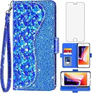 Phone Case for iPhone 7/8/SE 2020 Wallet Cover with Screen Protector and Flip Card Holder Glitter Cell iPhone7 iPhone8 i Phone7case Phone8case Phones8 7s 8s iPhoneSE SE2020 SE2 2 Women Girls Blue