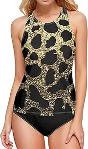 [ODAWA] Tankini Top Leopard Dots Pink Backless Swimwear High Neck Swimsuit Tops for Women