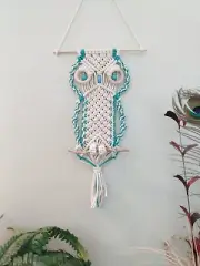 macrame owl wall hanging White and Turquoise Owl boho wall art gift
