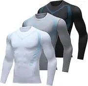 [Generic] 3 Pack Compression Shirt Men Long Sleeve, Quick Dry Running Workout Shirts, Digital Printed Athletic Base Layer Undershirts