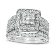 1.25 CT. T.W. Composite Natural Diamond Square Frame Antique Vintage-Style Multi-Row Bridal Engagement Ring Set in Solid 10K White Gold