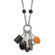 Stainless Steel Black Agate Moonstone & Crystal W/ 2In Ext Necklace