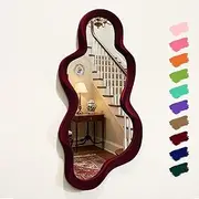 [TEIPAI] Mirror Wall Decor for Vintage Living Room Bedroom, 13.8x29.7 Asymmetrical Decorative Mirror for Entryway Porch Staircase, Retro Modern Hanging Wall Art Gift for Christmas Wedding (Wine Red)