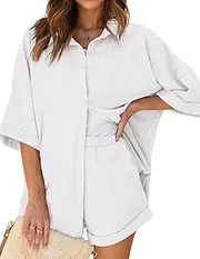 [Ekouaer] Pajama Sets Waffle Knit Women Short Sleeves Pjs Button Up Matching Sleepwear 2 Piece Lounge Sets