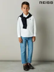 Reiss White/Navy Benton 4-9 yrs 100% Cotton Oxford Embroidered Button Down Shirt (E50687) | $55