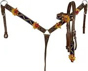 Showman Rainbow Beaded Leather Headstall & Breast Collar w/ 3D Leather Flowers, Average Full Size Horse