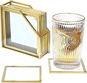 JuxYes Set of 7 Glass Coasters with Holder, Gold Elegant Cup Coasters Set for Coffee Tea Wine, Square Brass Edge Glass Cups Mats Coasters for Coffee Table (Square)