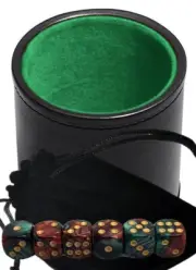 (6) 16mm Green Red Pearlized Dice w/Pouch + PU Leather Dice Cup Green Lining