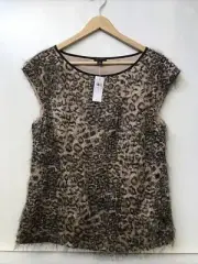 Ann Taylor Leopard Eyelash Fringe Top Brown Black Cap Sleeves Size 8 NWT