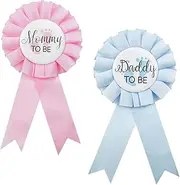 [yuntop] 2 Pieces Daddy and Mommy To Be Tinplate Badge Pin, Celebration Gender Reveal Party Favor New Dad Mom Gifts Rosette Buttons with Ribbon Baby Shower Decorations (Pink + Blue), Premium Metal