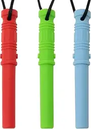 Sensory Chew Necklace Bundle for Boys Girls Kids,Oral Sensory Chew Toys,Chewing Pendant,Silicone Teether Chew Necklace(Blue/Green/Red)