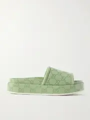 [Gucci] Gucci - Clarice Leather-trimmed Logo-jacquard Canvas Platform Slides - Mint - IT39 IT 39 Green