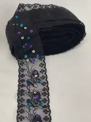 57 YDS SCALLOPED BLACK FLORAL RAYON EMBROIDERED WITH SEQUINS/ CRAFTS/ SEW ON/DIY